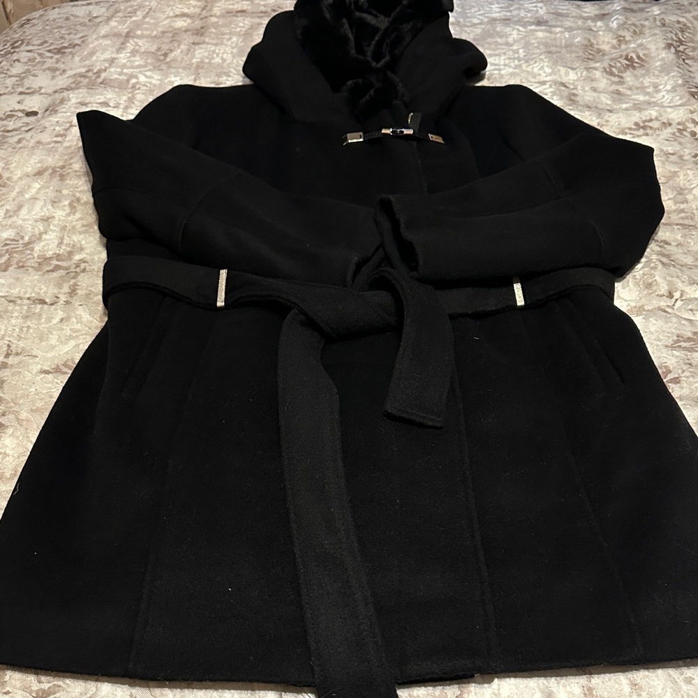 Calvin Klein Collection Elegant Black Hooded Pea Coat
